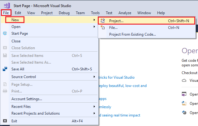 Screenshot of Visual Studio 2017 with File menu for creating a new project open and highlighted